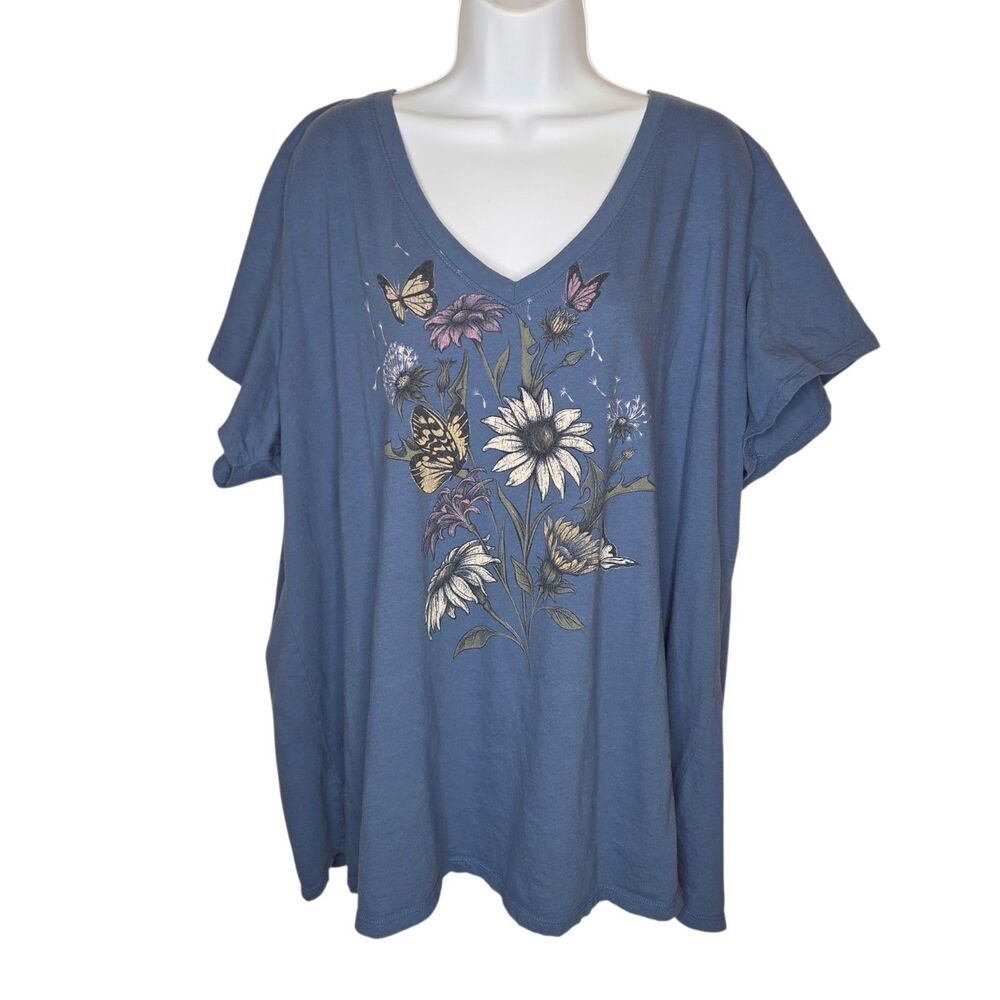 Torrid Plus Size Blue Botanical Floral & Butterfly V-Neck Classic T-Shirt 4 4X